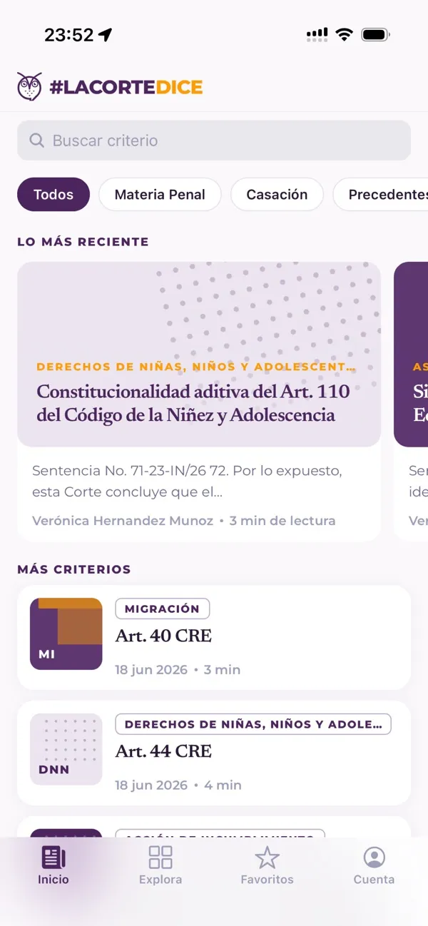 La Corte Dice app: home with latest criteria and search