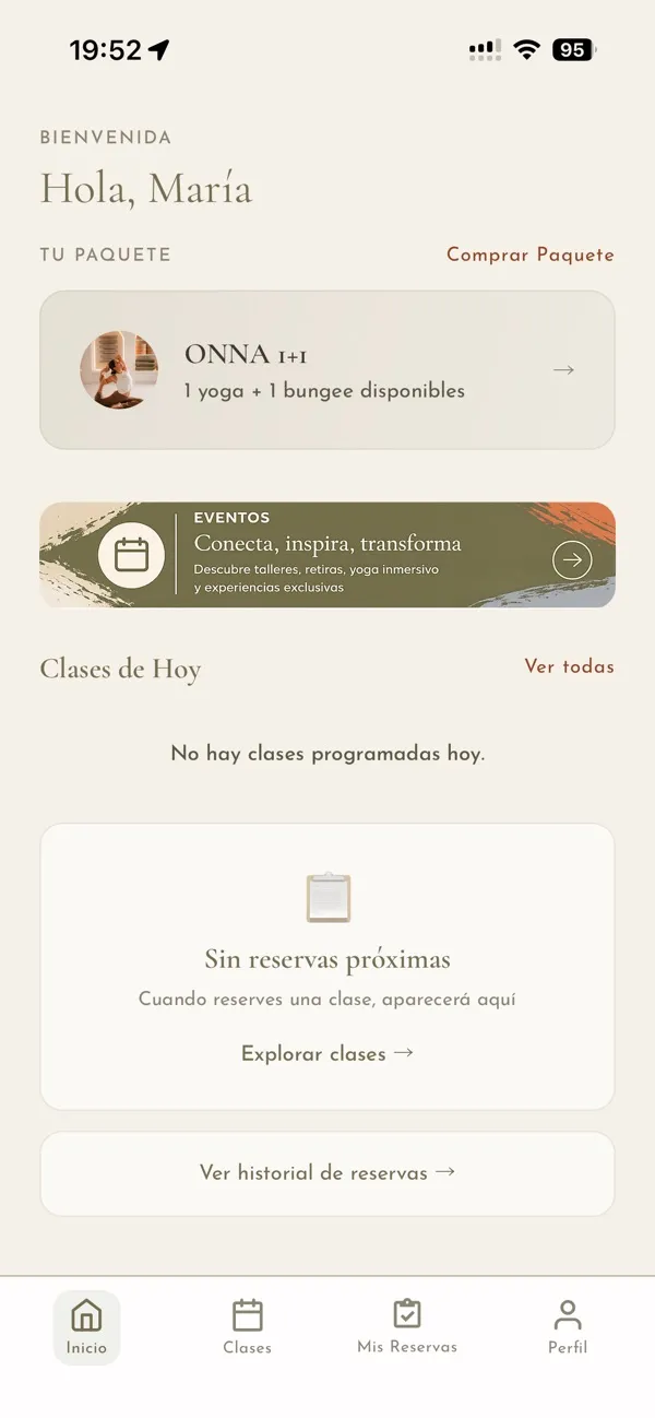 ONNA app: home screen with package and upcoming classes