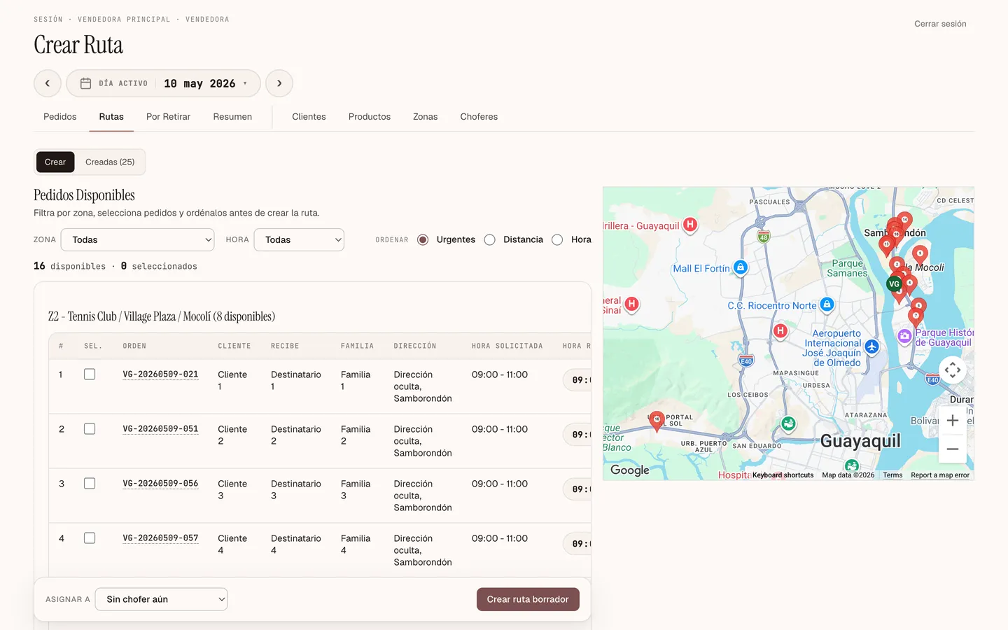 Villagardenia route builder on Mother's Day 2026: orders by delivery zone next to a map with numbered stops, customer data hidden